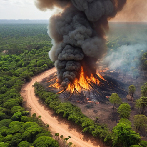Home 4 **A dramatic aerial view of a large forest fire in Cambodia during the dry season. Smoke billows intensely, obscuring parts of the lush green landscape. In the foreground, fleeing wildlife are seen escaping the blaze. The image should evoke a sense of environmental devastation.**