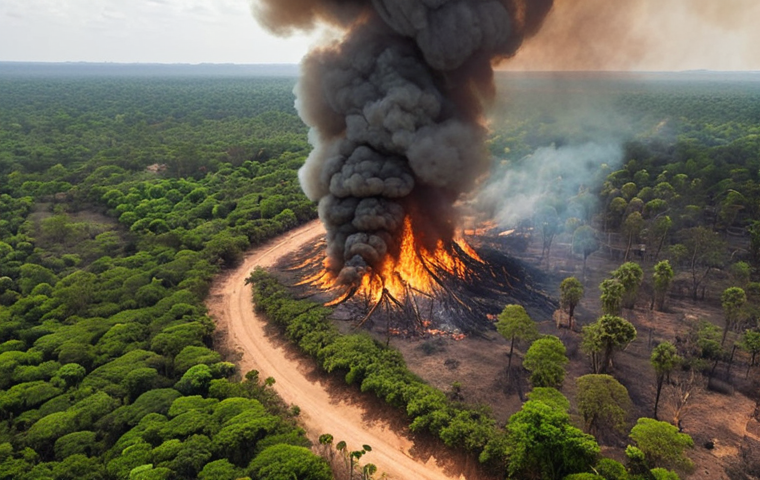 **A dramatic aerial view of a large forest fire in Cambodia during the dry season. Smoke billows intensely, obscuring parts of the lush green landscape. In the foreground, fleeing wildlife are seen escaping the blaze. The image should evoke a sense of environmental devastation.**