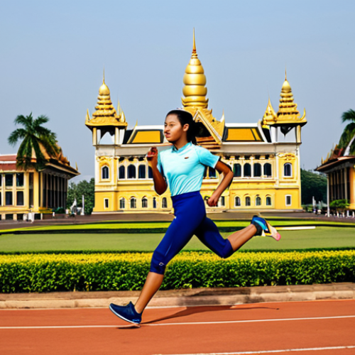 **

"A Cambodian female athlete in modest athletic wear, running on a track in Phnom Penh with the Royal Palace in the background, fully clothed, safe for work, perfect anatomy, natural proportions, professional sports photography, high quality, appropriate content, family-friendly."

**