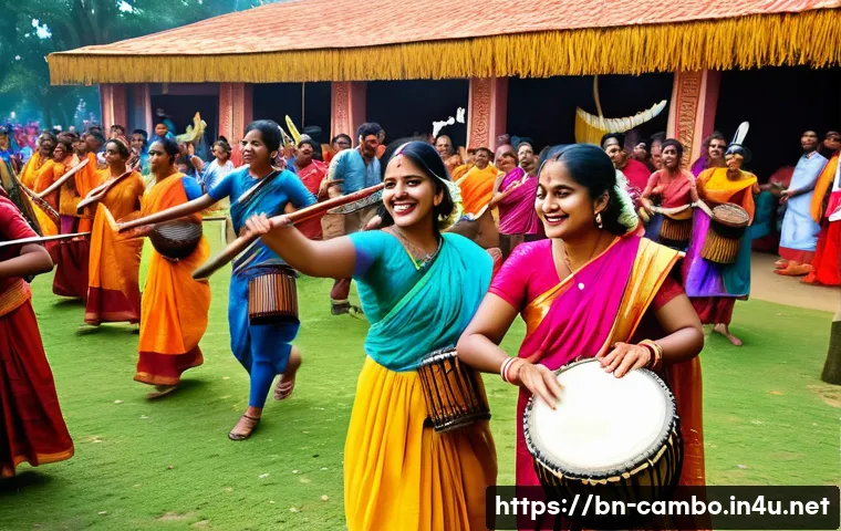 전통 악기와 음악 - A vibrant rural Bengali festival scene featuring a group of people joyfully playing traditional musi...