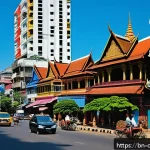 캄보디아 국왕 노로돔 시하모니 - A vibrant scene depicting a Cambodian urban landscape blending ancient temples and modern skyscraper...