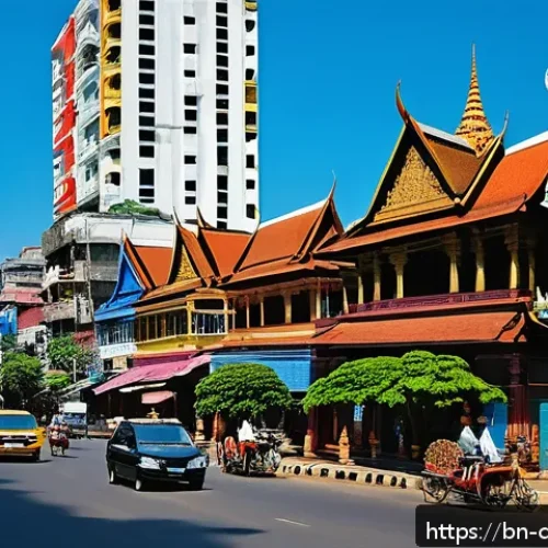 캄보디아 국왕 노로돔 시하모니 - A vibrant scene depicting a Cambodian urban landscape blending ancient temples and modern skyscraper...