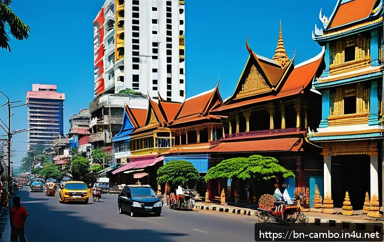 캄보디아 국왕 노로돔 시하모니 - A vibrant scene depicting a Cambodian urban landscape blending ancient temples and modern skyscraper...