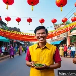 캄보디아 공휴일과 축제 - A vibrant Cambodian New Year street festival scene in Siem Reap, filled with colorful lanterns and f...