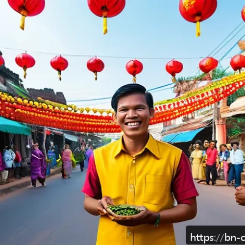 캄보디아 공휴일과 축제 - A vibrant Cambodian New Year street festival scene in Siem Reap, filled with colorful lanterns and f...