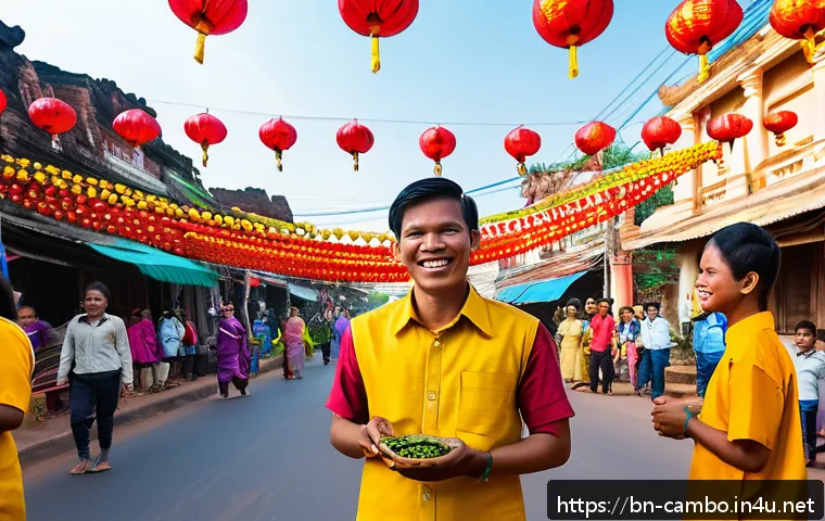 캄보디아 공휴일과 축제 - A vibrant Cambodian New Year street festival scene in Siem Reap, filled with colorful lanterns and f...