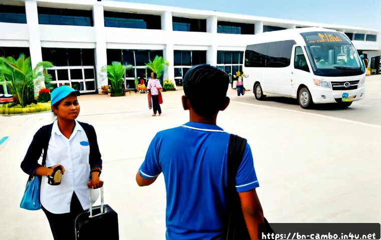 시엠립 공항에서 시내 가는 법 - Photorealistic travel scene at a modern Cambodian airport arrival area, a Bengali family with rollin...